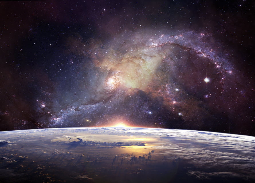 Spiral Galaxy Rising Over Earth's Horizon in Deep Space HD wallpaper