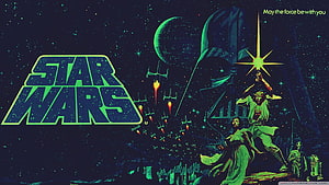 Star Wars Retro Poster Art Featuring Darth Vader, Luke Skywalker, and Princess Leia in Neon Green Space Scene HD wallpaper