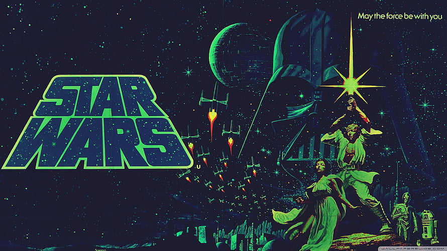 Star Wars Retro Poster Art Featuring Darth Vader, Luke Skywalker, and Princess Leia in Neon Green Space Scene HD wallpaper