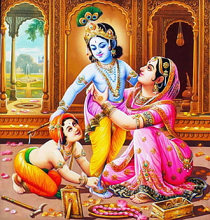 Lord Krishna, Balaram, and Maa Yashoda in a Traditional Indian Palace Setting HD phone wallpaper