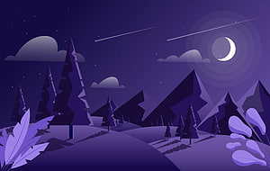 Minimalist Vector Night Landscape with Crescent Moon, Shooting Stars, and Pine Forest HD wallpaper