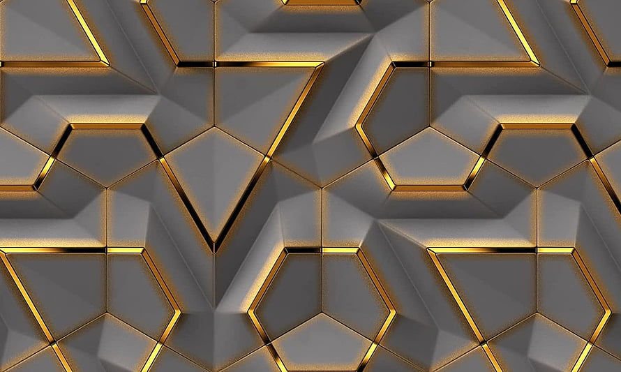 Luxurious 3D Geometric Pattern with Gold Accents and Gray Faceted Surfaces HD wallpaper