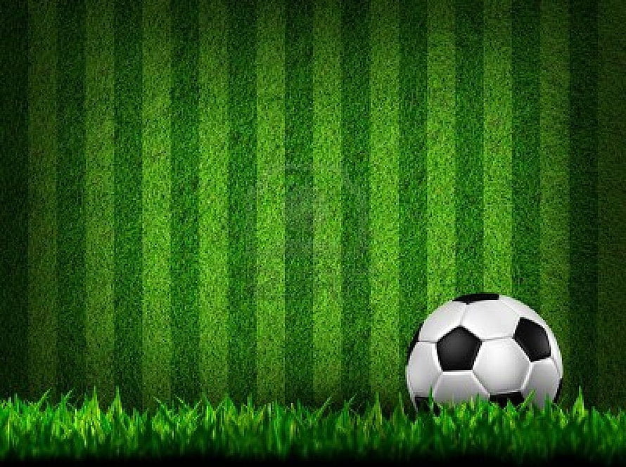 Classic Soccer Ball Resting on Vibrant Green Pitch with Mowed Grass Stripes HD wallpaper