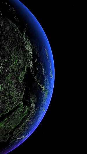 Earth at Night with City Lights and Blue Atmosphere from Space HD phone wallpaper