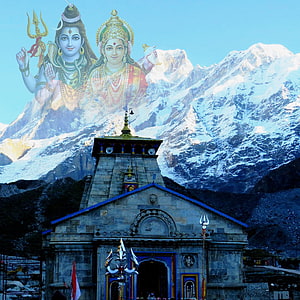 Kedarnath Temple with Shiva and Parvati against Himalayan Peaks HD phone wallpaper