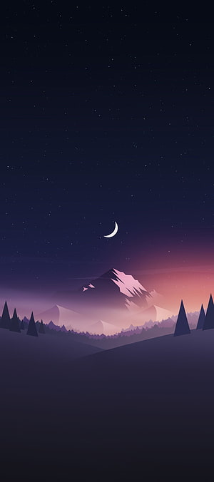 Minimalist Night Mountain Landscape with Crescent Moon and Starry Sky HD phone wallpaper