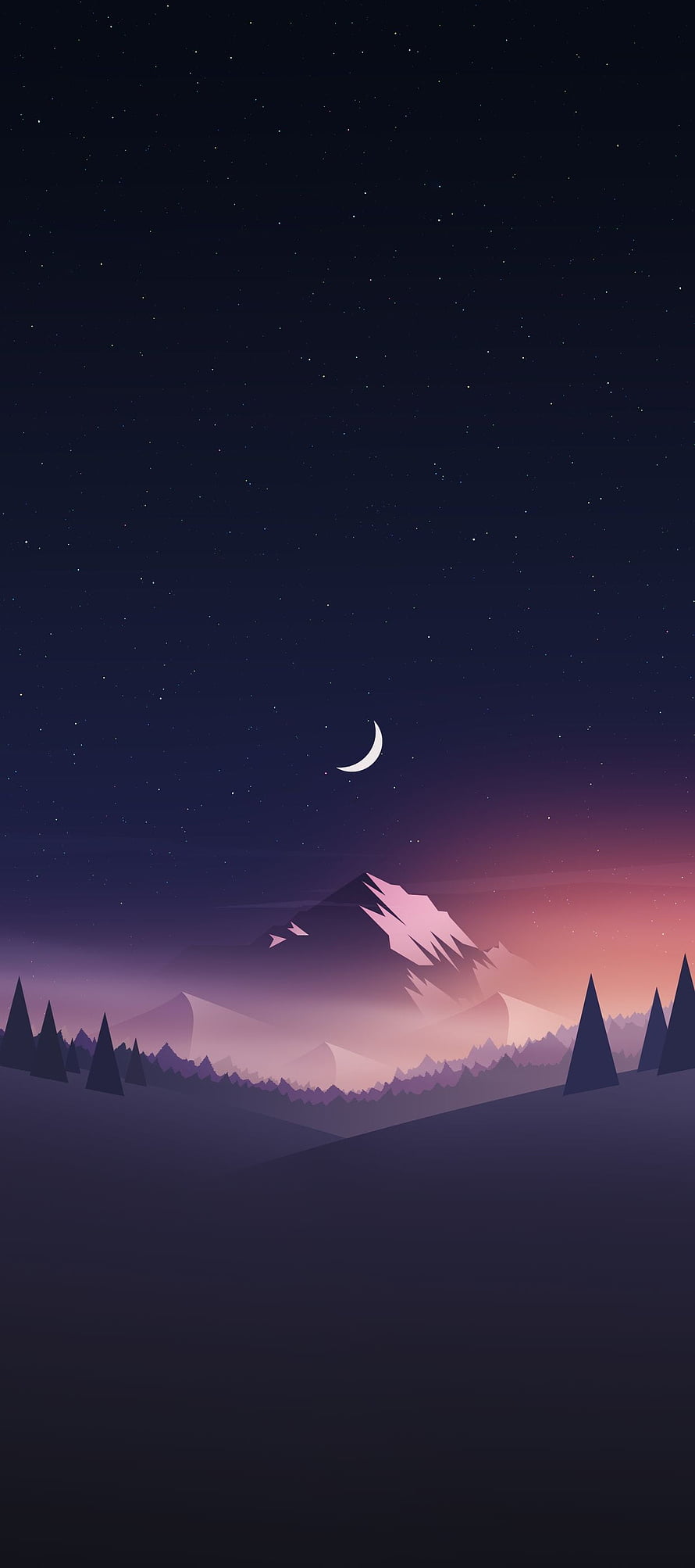 Minimalist Night Mountain Landscape with Crescent Moon and Starry Sky HD phone wallpaper