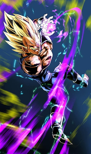 Majin Vegeta Super Saiyan charging a Kamehameha with purple energy aura HD phone wallpaper