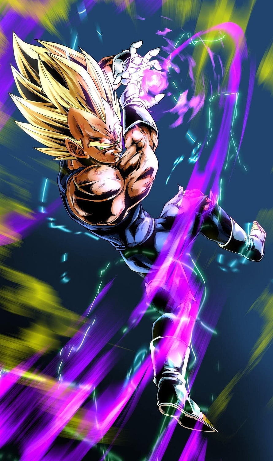 Majin Vegeta Super Saiyan charging a Kamehameha with purple energy aura HD phone wallpaper