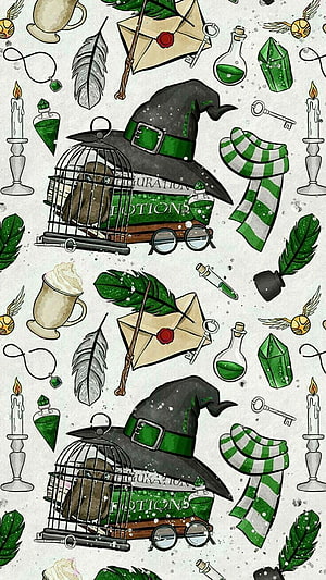Slytherin Harry Potter Pattern with Witch Hat, Owl Cage, and Potions Text HD phone wallpaper