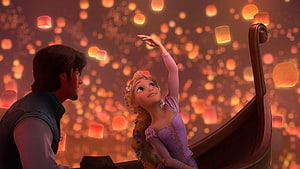 Rapunzel and Flynn Rider in a boat surrounded by glowing lanterns from Tangled HD wallpaper