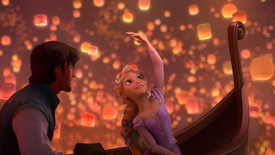 Rapunzel and Flynn Rider in a boat surrounded by glowing lanterns from Tangled HD wallpaper