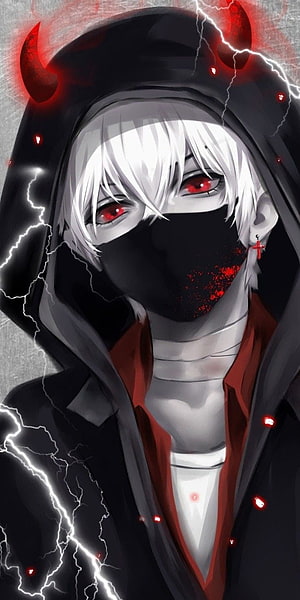 Demon Boy Anime Character with White Hair, Red Eyes, and Hooded Demon Horns HD phone wallpaper