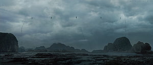 Death Stranding moody coastal landscape with floating figures and rocky islands under stormy skies HD wallpaper