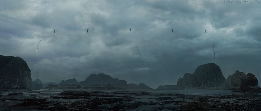 Death Stranding moody coastal landscape with floating figures and rocky islands under stormy skies HD wallpaper