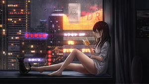 Anime Girl Sitting by Rainy Window with Beer and Black Cat in Neon City HD wallpaper