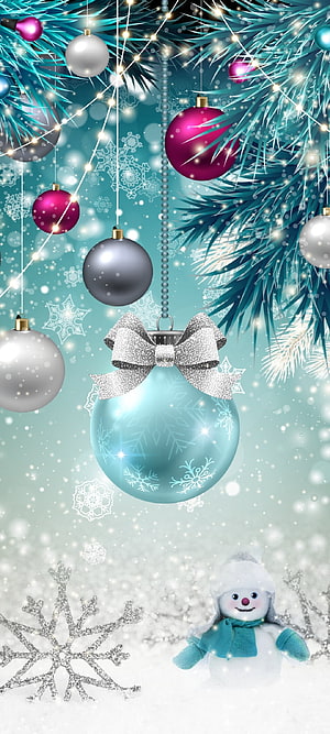 Festive Winter Christmas Scene with Glittering Ornaments and Snowman HD phone wallpaper