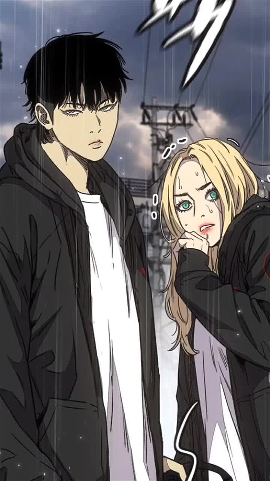 Jay Jo Windbreaker Anime Characters in Rainy Urban Scene HD phone wallpaper