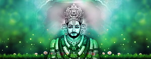 Khatu Shyam Ji Divine Portrait with Green Aura and Floral Garland HD wallpaper