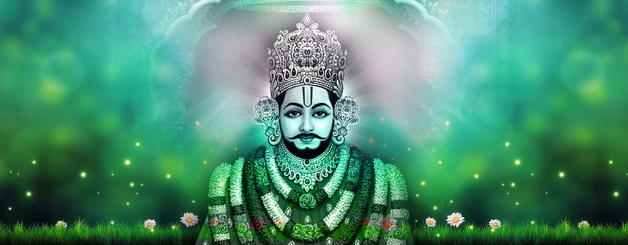Khatu Shyam Ji Divine Portrait with Green Aura and Floral Garland HD wallpaper