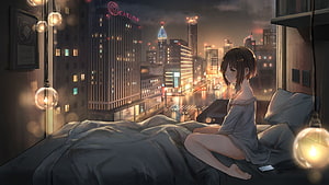 Anime Girl Gazing at Rainy City Skyline from Bed at Night HD wallpaper