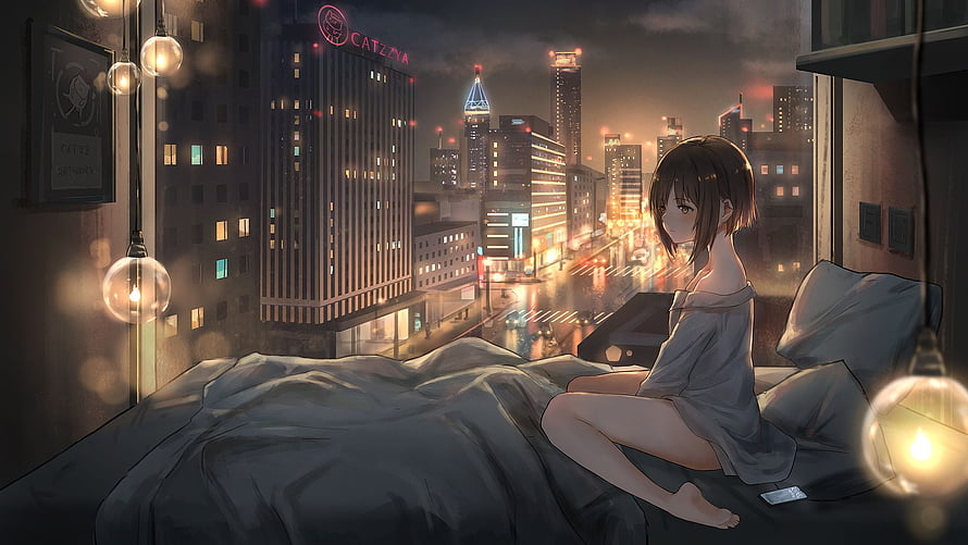 Anime Girl Gazing at Rainy City Skyline from Bed at Night HD wallpaper