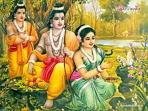 Ram Sita And Lakshman Traditional Indian Mythological Painting In Forest Setting HD wallpaper