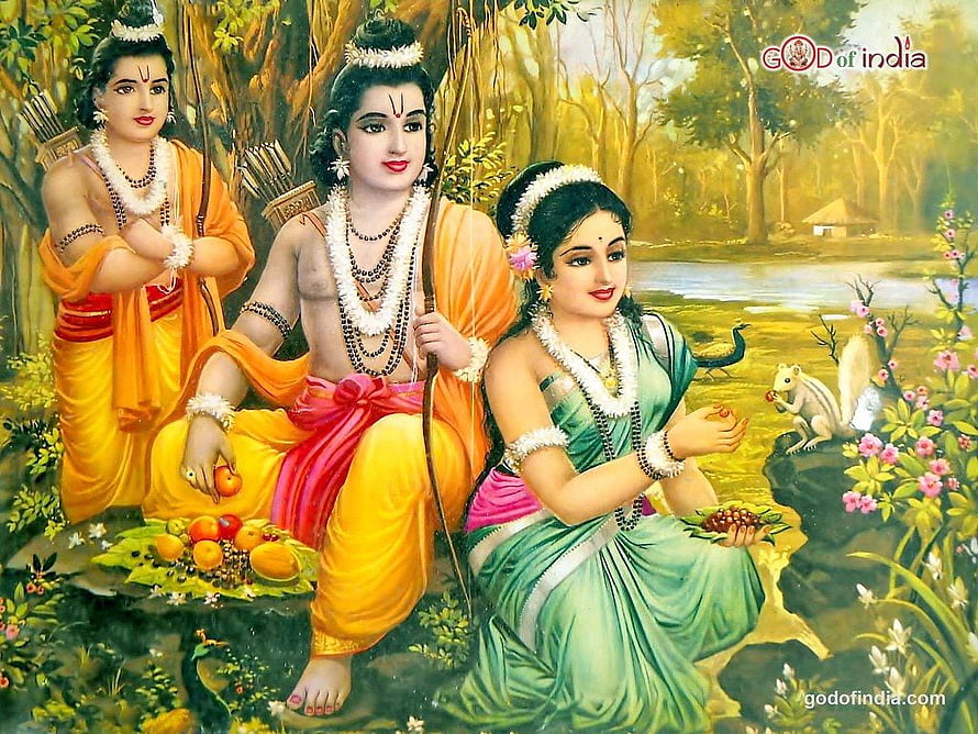Ram Sita And Lakshman Traditional Indian Mythological Painting In Forest Setting HD wallpaper
