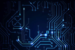 Glowing Blue Circuit Board Traces on Dark Background with Luminous Nodes and Electronic Pathways HD wallpaper