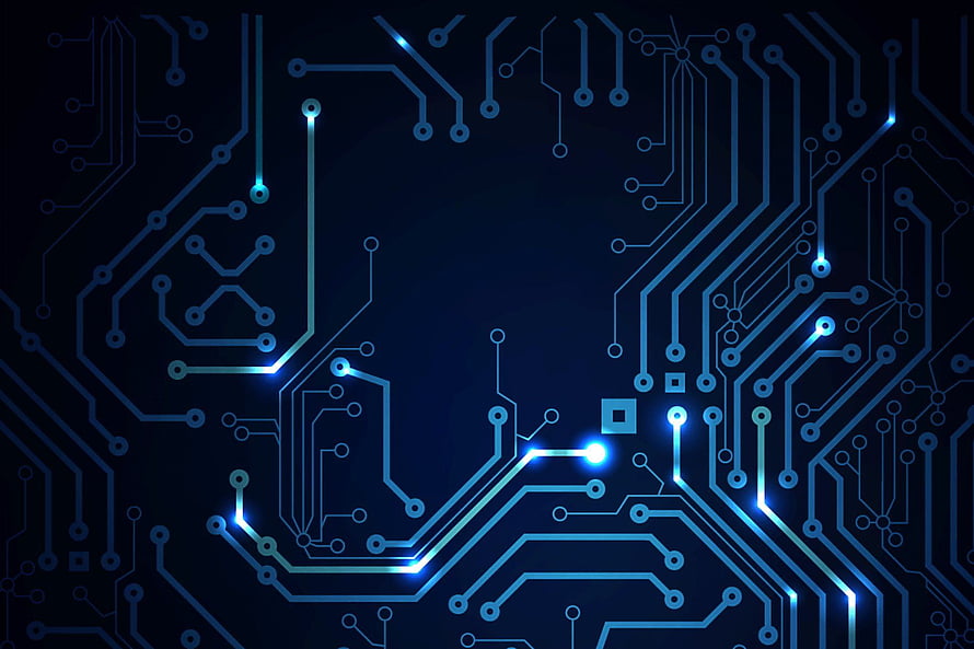 Glowing Blue Circuit Board Traces on Dark Background with Luminous Nodes and Electronic Pathways HD wallpaper