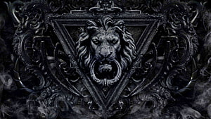 Gothic Lion Head Emblem with Ornate Baroque Frame and Dark Smoke HD wallpaper