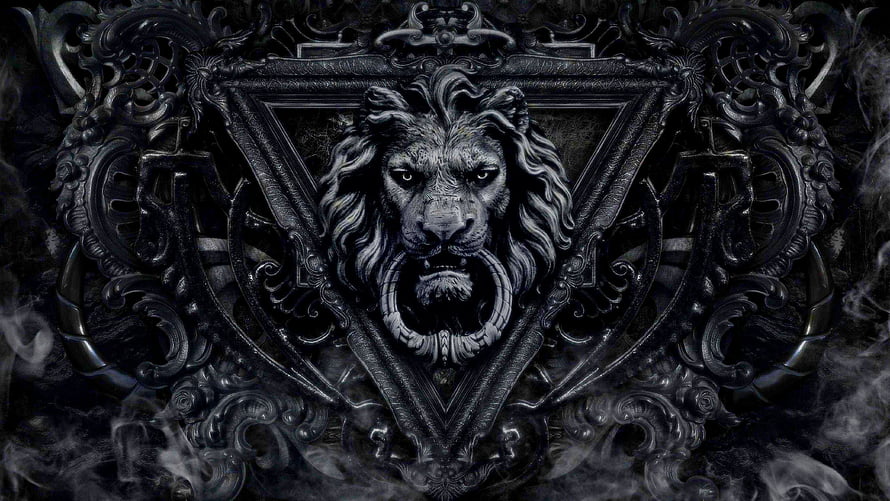 Gothic Lion Head Emblem with Ornate Baroque Frame and Dark Smoke HD wallpaper