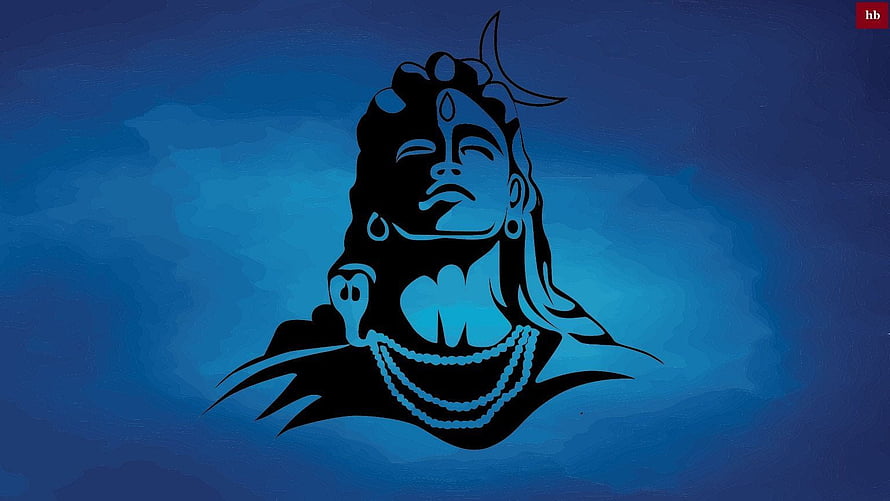 Mahakal Silhouette Portrait with Crescent Moon and Beaded Necklace on Blue Background HD wallpaper