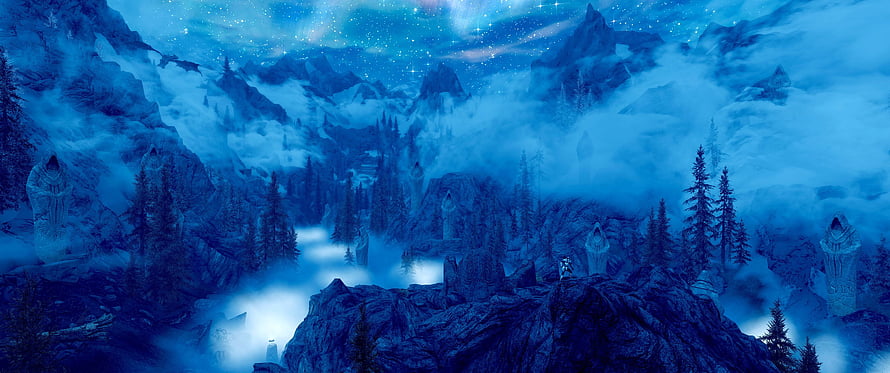 The Elder Scrolls V Skyrim Frosty Mountain Valley with Ancient Stone Monoliths and Starry Night Sky HD wallpaper