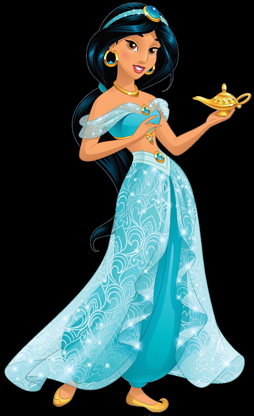 Disney Princess Jasmine in Turquoise Gown Holding Magic Lamp on Black Background HD phone wallpaper