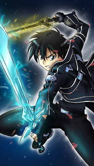 Kirito from Sword Art Online Wielding Dual Swords in Dynamic Combat Pose HD phone wallpaper