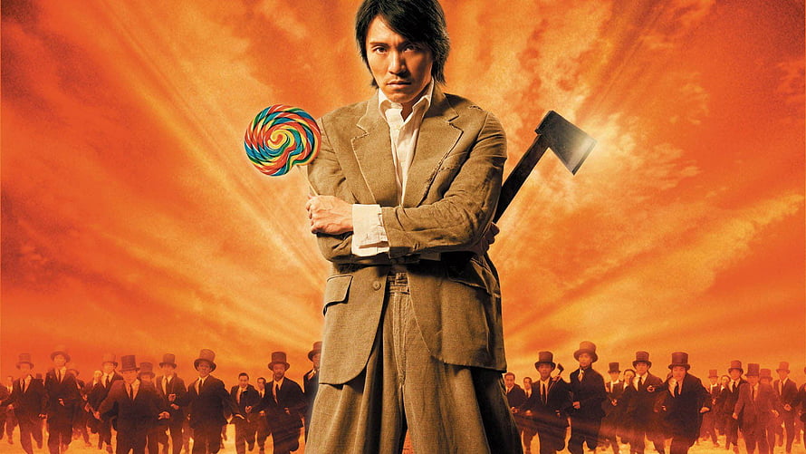 Kung Fu Hustle Movie Poster Featuring Protagonist With Lollipop And Axe Against Fiery Sky HD wallpaper