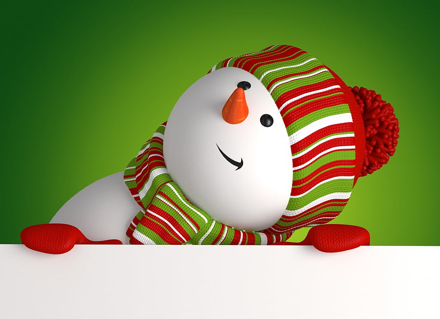 Cute 3D Snowman Wearing Striped Knit Hat and Scarf on Green Background HD wallpaper