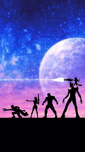 Guardians of the Galaxy Silhouette Team Standing Before Cosmic Planet and Starry Sky HD phone wallpaper