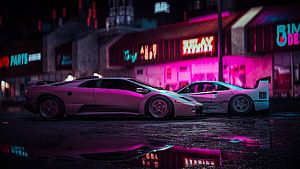 Cyberpunk Sports Cars Parked on Wet Street with Neon City Lights HD wallpaper