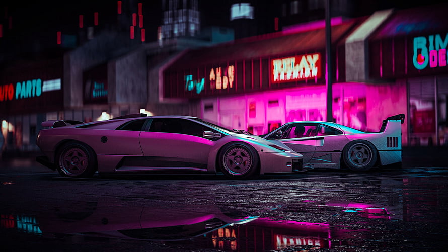 Cyberpunk Sports Cars Parked on Wet Street with Neon City Lights HD wallpaper