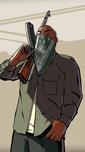 GTA San Andreas Comic Style Character with Bandana and Rifle HD phone wallpaper