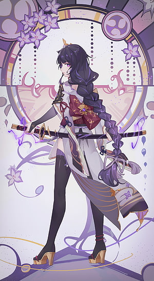 Raiden Shogun from Genshin Impact in a purple and white outfit holding a katana with a decorative circular background HD phone wallpaper