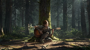 Ellie from The Last of Us Part II Playing Acoustic Guitar in a Misty Forest HD wallpaper