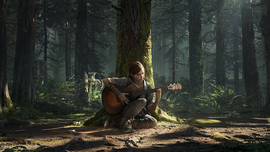 Ellie from The Last of Us Part II Playing Acoustic Guitar in a Misty Forest HD wallpaper