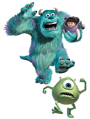 Sulley, Boo, and Mike Wazowski from Monsters Inc in a playful 3D animated scene HD phone wallpaper