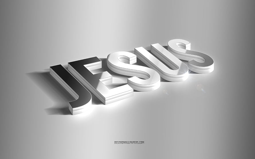 Silver 3D Jesus Name Typography on Minimalist Gray Background HD wallpaper