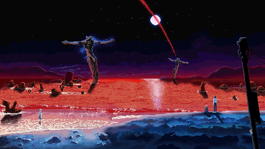 The End of Evangelion Pixel Art Scene with Giant Figures and Red Landscape HD wallpaper
