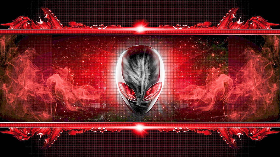 Red Alienware Alien Head with Fiery Smoke and Metallic Frame HD wallpaper