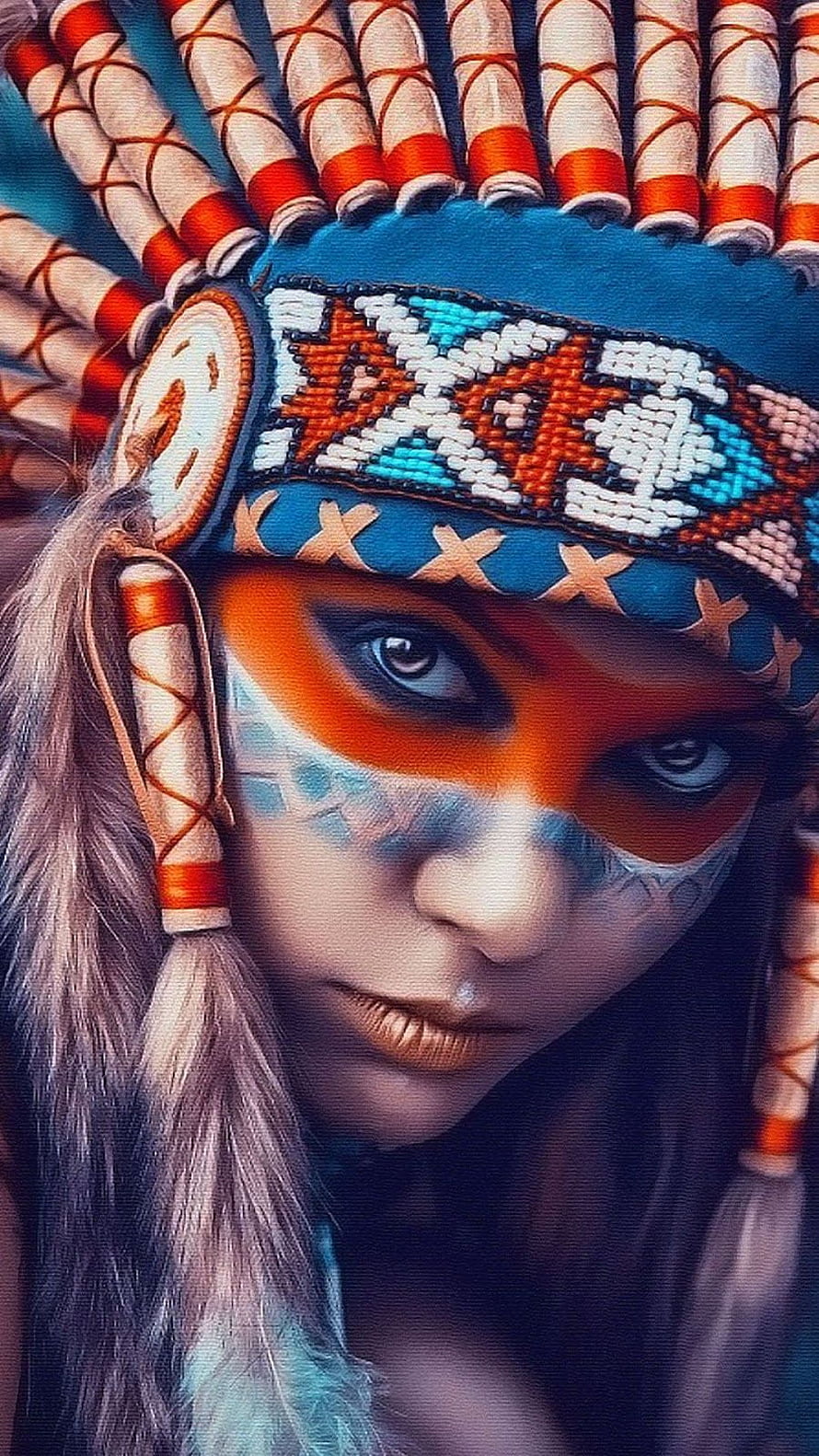 Native American Woman Portrait with Beaded Headdress and Face Paint HD phone wallpaper